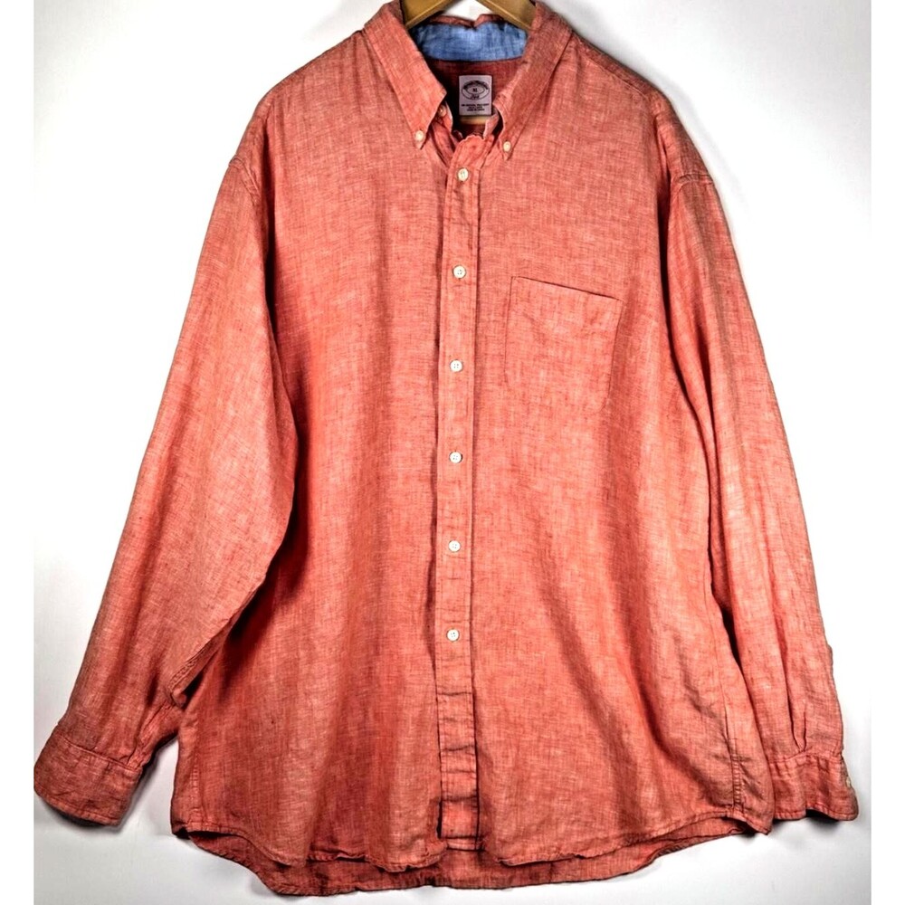 Brooks Brothers 346 Linen Shirt Mens XL Coral Orange Button Down Long Sleeve